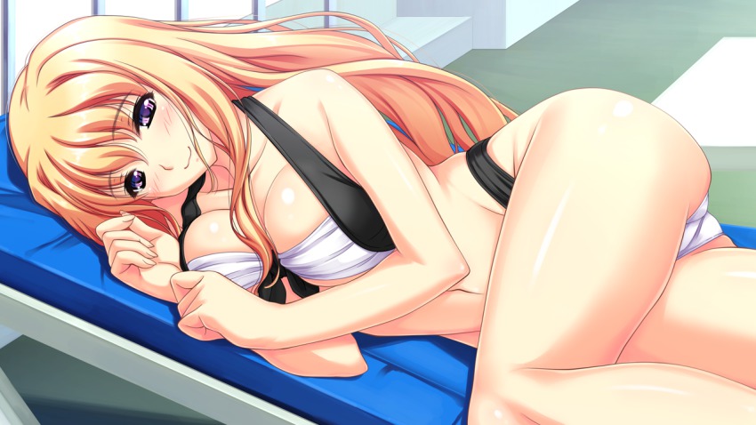 1girl, amasaka_takashi, ass, blonde_hair, breast_press, breasts, female_focus, game_cg