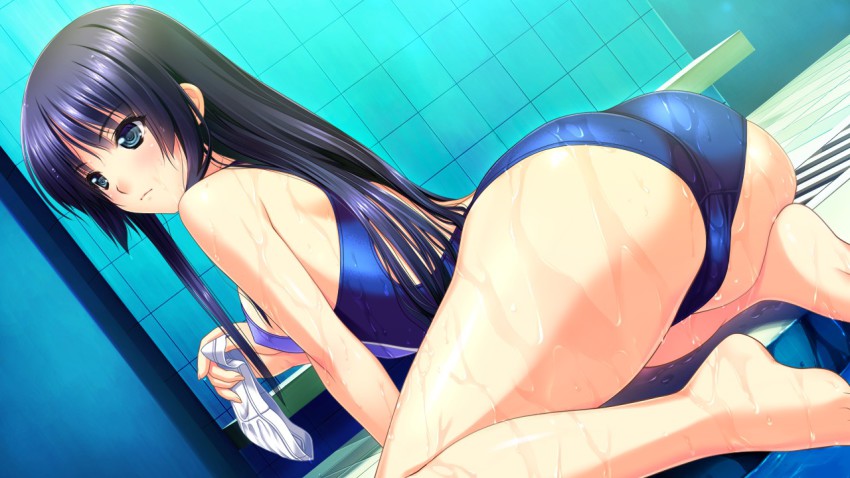 1girl, amasaka_takashi, ass, back, barefoot, blue_eyes, blue_hair, breasts