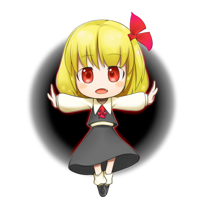1girl, ascot, blonde_hair, blush_stickers, chibi, fang, futaba_no_taiko, hair_ribbon