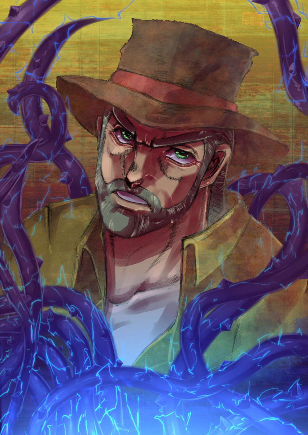 1boy, beard, electricity, facial_hair, green_eyes, grey_hair, hat, hermit_purple