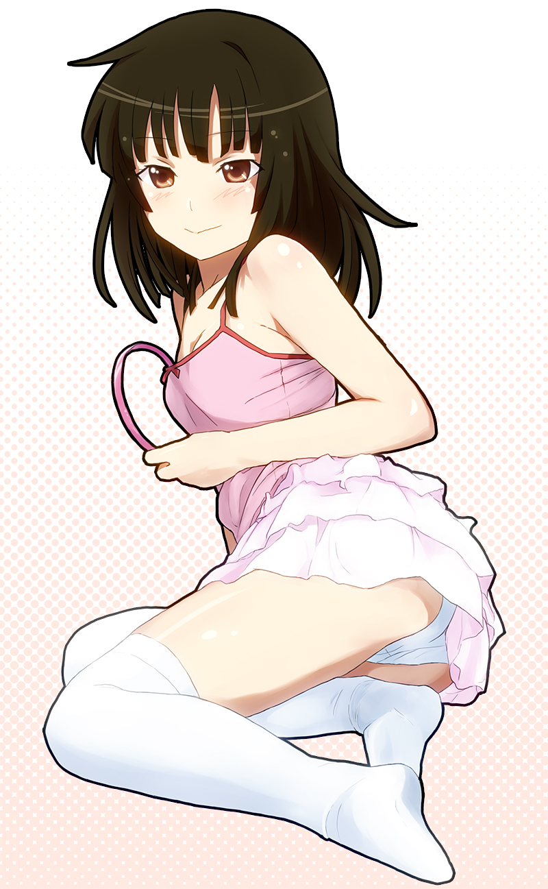 1girl, bakemonogatari, blunt_bangs, brown_eyes, brown_hair, female_focus, flirty_nadeko, hairband, highres, monogatari_(series), panties, reco_(fortunequest), sengoku_nadeko, skirt, solo, tank_top, thighhighs, underwear
