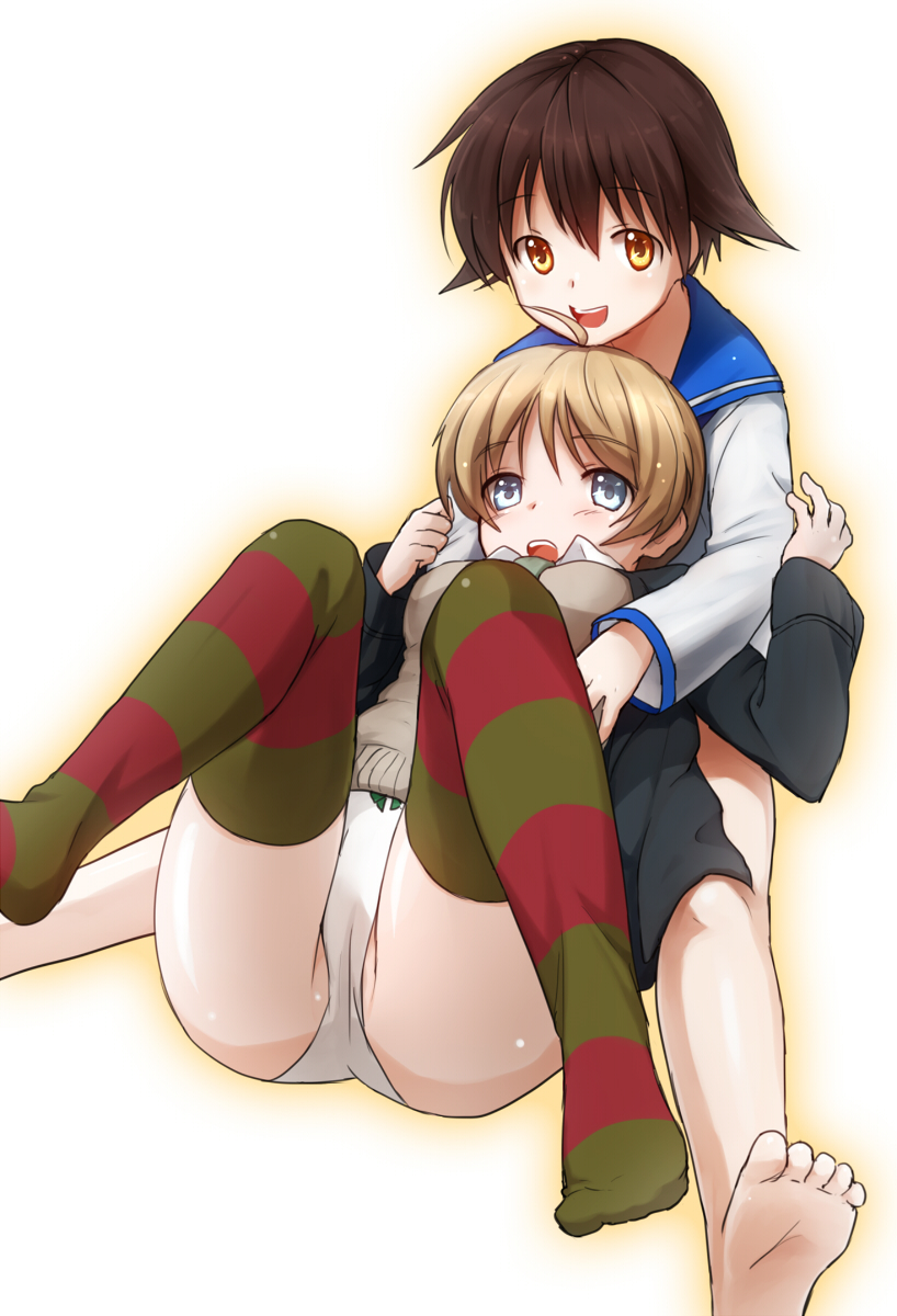 2girls, ahoge, bare_legs, barefoot, blazer, blonde_hair, blue_eyes, brown_eyes