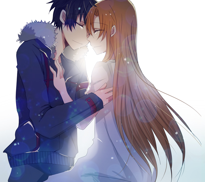 10s, 1boy, 1girl, asuna_(sao), bad_id, bad_pixiv_id, black_hair, brown_hair