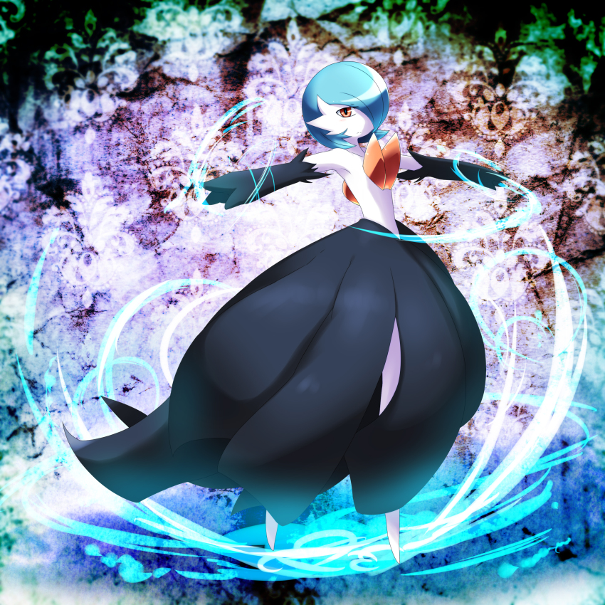 10s, absurdres, alternate_color, alternate_form, blue_hair, dress, gardevoir, gen_3_pokemon, highres, mega_pokemon, nintendo, no_humans, obi_seiji, orange_eyes, pokemon, pokemon_(creature), pokemon_x_and_y, shiny_pokemon, short_hair, solo