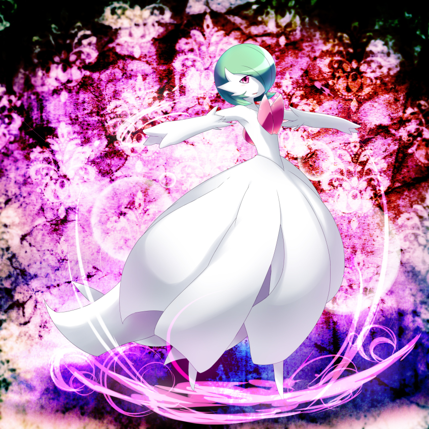 10s, absurdres, dress, gardevoir, gen_3_pokemon, green_hair, highres, mega_pokemon, nintendo, no_humans, obi_seiji, open_mouth, pokemon, pokemon_(creature), pokemon_x_and_y, red_eyes, short_hair, solo