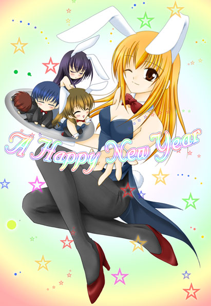 2boys, 3girls, :d, =_=, ^_^, akanegasaki_sora, animal_ears, bare_shoulders