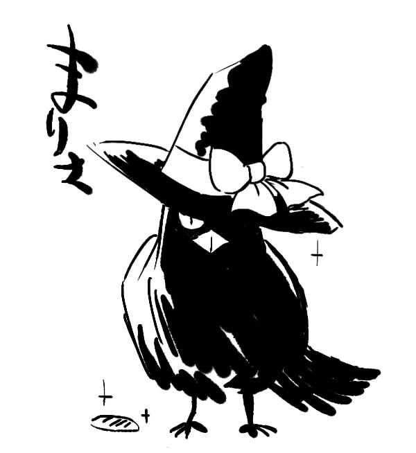animal_focus, animalization, azuki_osamitsu, bird, bow, crow, greyscale, hat