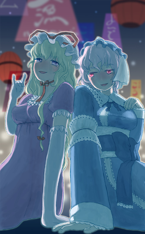 2girls, blonde_hair, blush, breasts, elbow_gloves, female_focus, gloves, hat