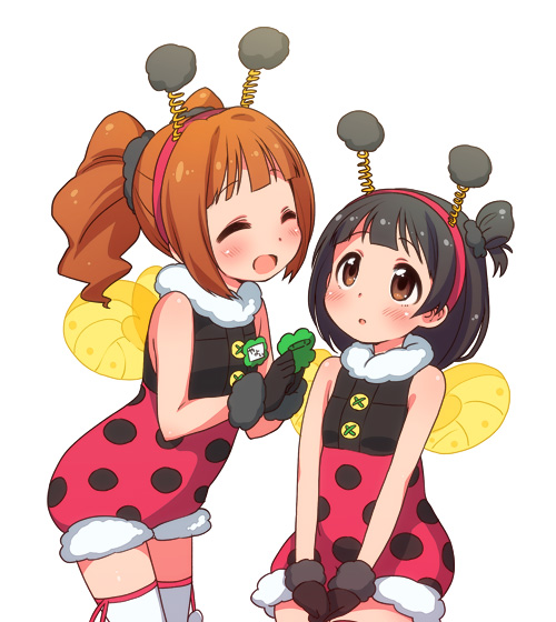 10s, 2girls, :d, :o, ^_^, animal_costume, antennae, black_gloves, black_hair, blush, brown_eyes, brown_hair, closed_eyes, fake_antennae, gloves, hairband, idolmaster, idolmaster_(classic), idolmaster_million_live!, insect_wings, kanya_pyi, ladybug_costume, matching_outfits, multiple_girls, nakatani_iku, name_tag, open_mouth, polka_dot, scrunchie, sleeveless, smile, spring_(object), takatsuki_yayoi, thighhighs, twintails, wings