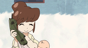 10s, animated, animated_gif, anime_screenshot, baby, battle, breastfeeding, brown_hair, bus, closed_eyes, gun, kill_la_kill, lowres, motor_vehicle, old, old_woman, smile, tommy_gun, vehicle, weapon