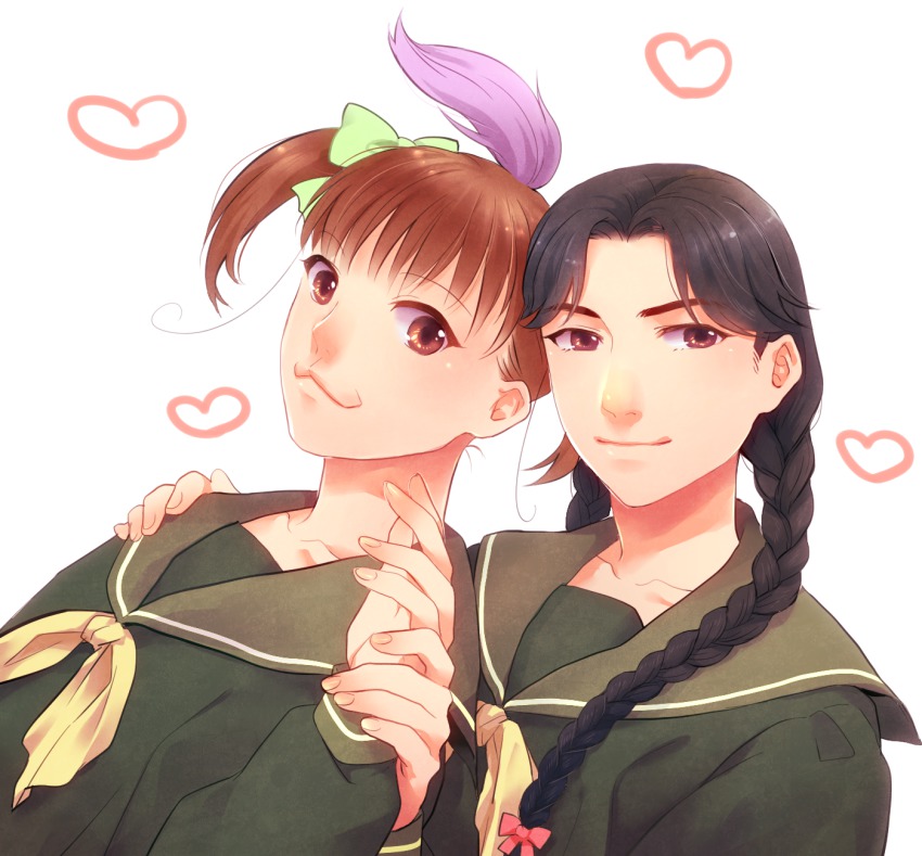 2girls, bow, braid, brown_eyes, brown_hair, genderswap, genderswap_(mtf), hair_bow