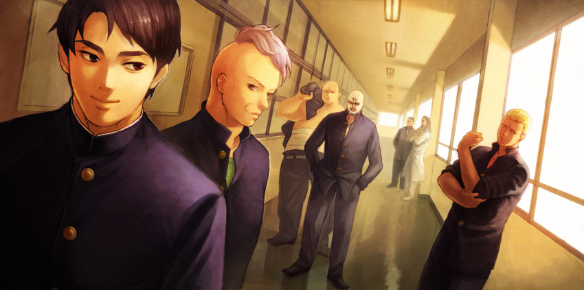 00s, 6+boys, bad_id, bald, black_hair, blonde_hair, clothed_male_nude_female, gakuran, hayashida_shinjirou, hokuto's_lackey, hokuto_takeshi, kamiyama_takashi, maeda_akira, male_focus, masked_takenouchi, mohawk, multiple_boys, nude, purple_hair, sakigake!!_cromartie_koukou, sarashi, school_hall, school_uniform, topless_male, takenouchi_yutaka