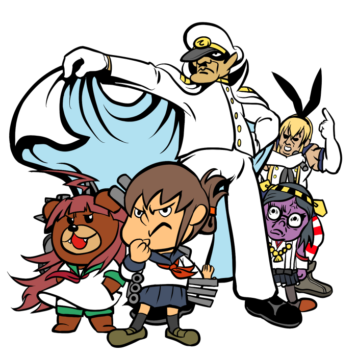 1boy, 1girl, admiral_(kancolle), admiral_(kancolle)_(cosplay), chancellor_(eagle_talon), cosplay, creepy_kid_(eagle_talon), crossover, eagle_talon, folded_ponytail, inazuma_(kancolle), inazuma_(kancolle)_(cosplay), kantai_collection, kirishima_(kancolle), kirishima_(kancolle)_(cosplay), kuma_(kancolle), kuma_(kancolle)_(cosplay), military, military_uniform, parody, personification, pleated_skirt, rariatto_(ganguri), school_uniform, serafuku, shimakaze_(kancolle), shimakaze_(kancolle)_(cosplay), skirt, white_background, yoshida-kun_(eagle_talon), yoshida_(eagle_talon)