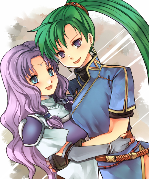 2girls, armor, belt, blue_eyes, earrings, fingerless_gloves, fire_emblem, fire_emblem:_the_blazing_blade, florina_(fire_emblem), gloves, green_hair, hair_tubes, hug, jewelry, kariu, long_hair, lyn_(fire_emblem), multiple_girls, nintendo, open_mouth, ponytail, purple_eyes, purple_hair, shoulder_pads, wavy_hair