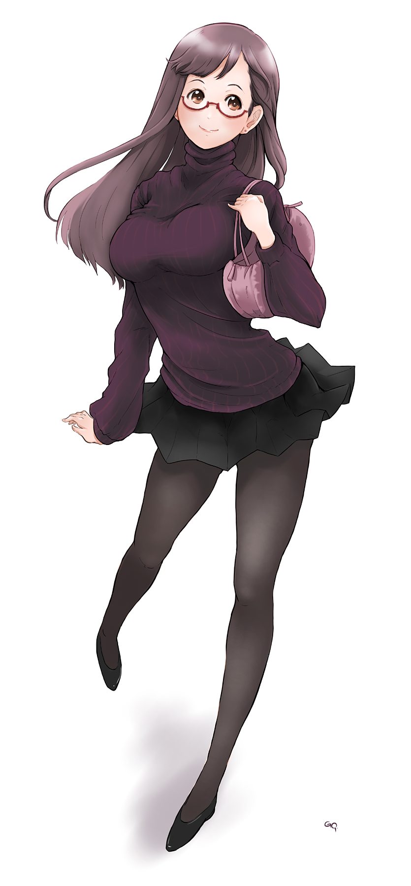 1girl, bag, breasts, brown_eyes, brown_hair, female_focus, get9, glasses