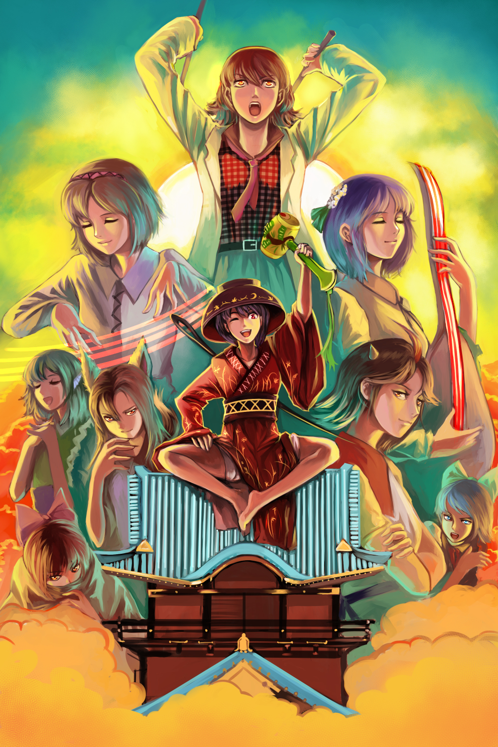 6+girls, animal_ears, architecture, arms_up, belt, biwa_lute, blouse, blue_eyes, blue_hair, blue_sky, bow, bowl, butterfly_sitting, cirno, cloud, covering_own_mouth, crossed_arms, double_dealing_character, drumsticks, east_asian_architecture, fingernails, fins, flower, grey_horns, hair_bow, hair_flower, hair_ornament, hairband, head_fins, high_collar, highres, horikawa_raiko, horns, imaizumi_kagerou, instrument, interlocked_fingers, jacket, japanese_clothes, kijin_seija, kimono, light_brown_hair, light_purple_hair, light_smile, lips, lleu, long_fingernails, looking_at_viewer, looking_up, lute_(instrument), mallet, multicolored_hair, multiple_girls, music, necktie, needle, nnose, nose, obi, one_eye_closed, open_clothes, open_jacket, open_mouth, orange_eyes, own_hands_together, parody, plaid_clothes, plaid_shirt, playing_instrument, red_eyes, red_hair, sash, sekibanki, shirt, short_hair, sideways_glance, singing, sitting, sky, small_horns, smile, sukuna_shinmyoumaru, sun, taikou_risshiden, touhou, tsukumo_benben, tsukumo_yatsuhashi, wakasagihime, wink, wolf_ears