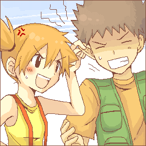 >:), 1boy, 1girl, angry, bad_id, bad_pixiv_id, blush, border, brock_(pokemon), brown_hair, clenched_teeth, flat_chest, grabbing_another's_ear, grey_hair, gym_leader, hand_on_another's_ear, lowres, mini_mamu, misty_(pokemon), nintendo, oekaki, orange_hair, pokemon, pokemon_(anime), pokemon_(classic_anime), short_hair, side_ponytail, suspenders, sweatdrop, tank_top, teeth, v-shaped_eyebrows, vest