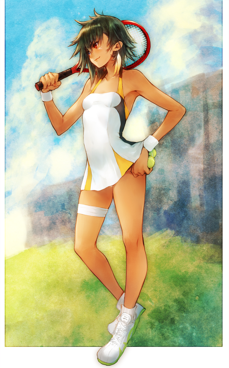 1girl, armpits, ball, bare_shoulders, black_hair, blue_eyes, blush, breasts, clothes_lift, cloud, dark_skin, day, deed_(lord_of_vermilion_iii), dress, dress_lift, earrings, facial_mark, from_side, grass, hair_between_eyes, halterneck, heterochromia, highres, holding, jewelry, legs, looking_afar, lord_of_vermilion, lord_of_vermilion_iii, makimura_shunsuke, outdoors, over_shoulder, pleated_dress, racket, red_eyes, shoes, short_dress, short_hair, sky, small_breasts, smile, sneakers, socks, spiked_hair, sportswear, sweatband, tan, tennis_ball, tennis_racket, tennis_uniform, thigh_strap, tiptoes, white_dress, wrist_straps, wristband