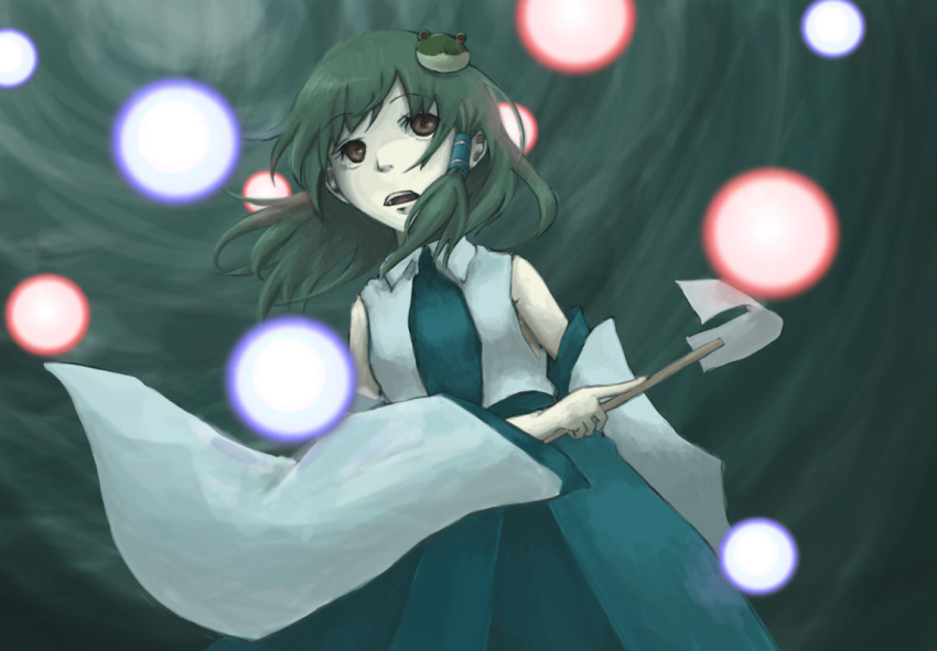 1girl, danmaku, female_focus, frog, green_hair, japanese_clothes, kochiya_sanae, long_hair, miko, snake, solo, sumeshi_(pixiv), touhou