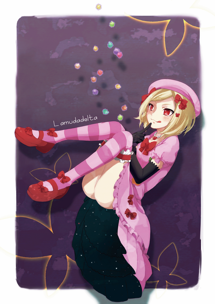 1girl, :q, bad_id, bad_pixiv_id, blonde_hair, bow, candy, character_name, dress, elbow_gloves, finger_to_mouth, food, gloves, gosunago, hat, konpeitou, lambdadelta, no_panties, oisago, pink_hat, socks, striped_clothes, striped_socks, striped_thighhighs, thighhighs, tongue, tongue_out, umineko_no_naku_koro_ni