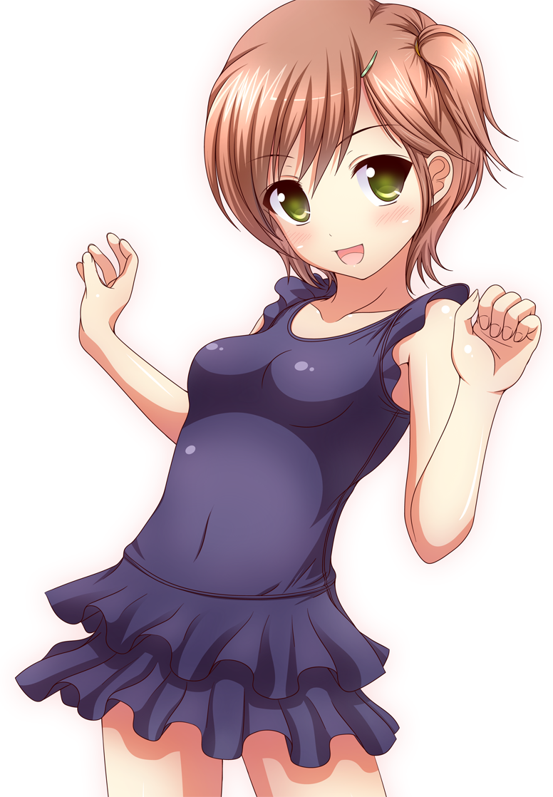 1girl, blush, breasts, brown_hair, double_flare_skirt_one-piece, female_focus, frilled_swimsuit, frills