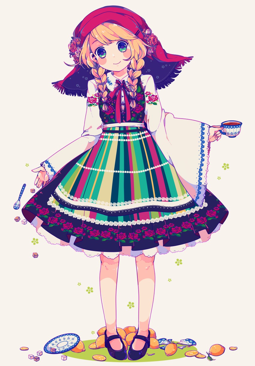 1girl, absurdres, blush, braid, cup, dress, female_focus, food, fruit, green_eyes, hair_over_shoulder, highres, legs, lemon, long_hair, mop_(shirokumaiceumaiyo), orange_hair, original, slavic_clothes, smile, solo, spoon, tea, twin_braids