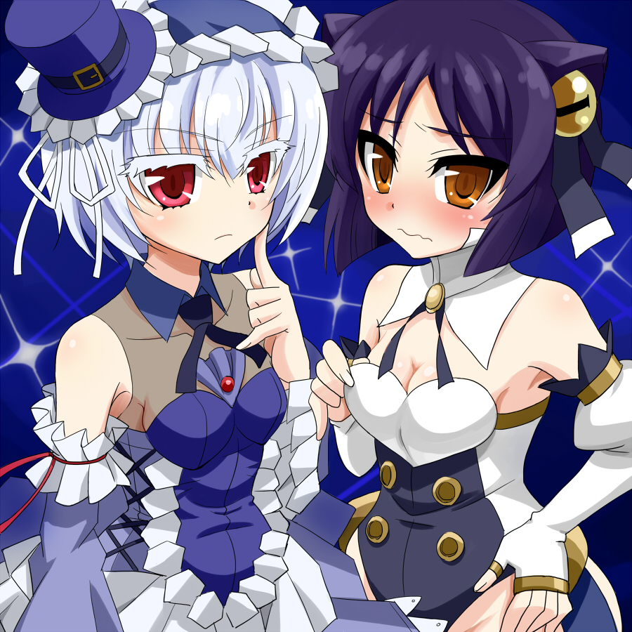2girls, aq_interactive, arc_system_works, arcana_heart, atlus, bare_shoulders, bell, blue_hair, blush, breasts, celia_(chaos_code), celia_(chaos_code)_cosplay, chaos_code, cleavage, cosplay, cthylla_(chaos_code), cthylla_(chaos_code)_cosplay, daidouji_kira, dress, embarrassed, examu, fingerless_gloves, fk_digital, frilled_dress, frills, gloves, gothic_lolita, hairband, hat, lieselotte_achenbach, lolita_fashion, mini_hat, mini_top_hat, multiple_girls, red_eyes, ribbon, short_hair, top_hat, wavy_mouth, white_hair, yanagi_kawa, yellow_eyes