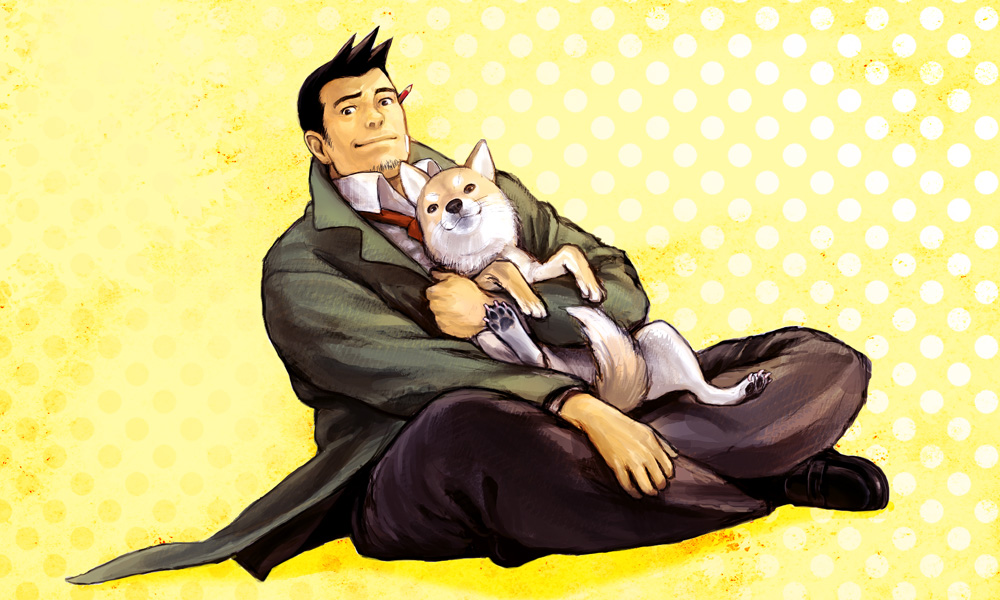 1boy, ace_attorney, ace_attorney_investigations, animal, bandage_on_face, bandages, black_hair, capcom, coat, dick_gumshoe, dog, dress_shirt, dutch_angle, facial_hair, ganpiro, holding, indian_style, loafers, long_coat, looking_at_viewer, male_focus, misairu_(gyakuten_saiban), missile_(ace_attorney), necktie, object_behind_ear, pants, pencil_behind_ear, polka_dot, polka_dot_background, shiba_inu, shirt, shoes, short_hair, sitting, smile, stubble, trench_coat, yellow_background