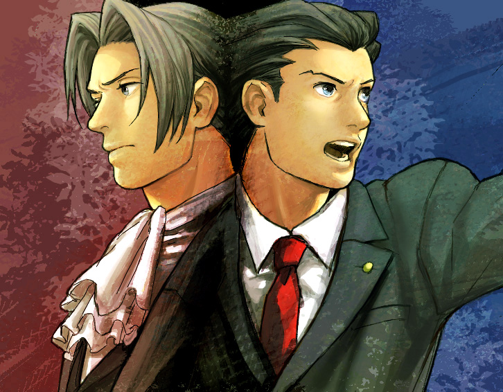 2boys, black_hair, blue_eyes, capcom, ascot, curtained_hair, formal_clothes, ganpiro, grey_eyes, ace_attorney, hair_slicked_back, lapel_pin, looking_away, male_focus, miles_edgeworth, multiple_boys, phoenix_wright, necktie, open_mouth, short_hair, silver_hair, suit, upper_body