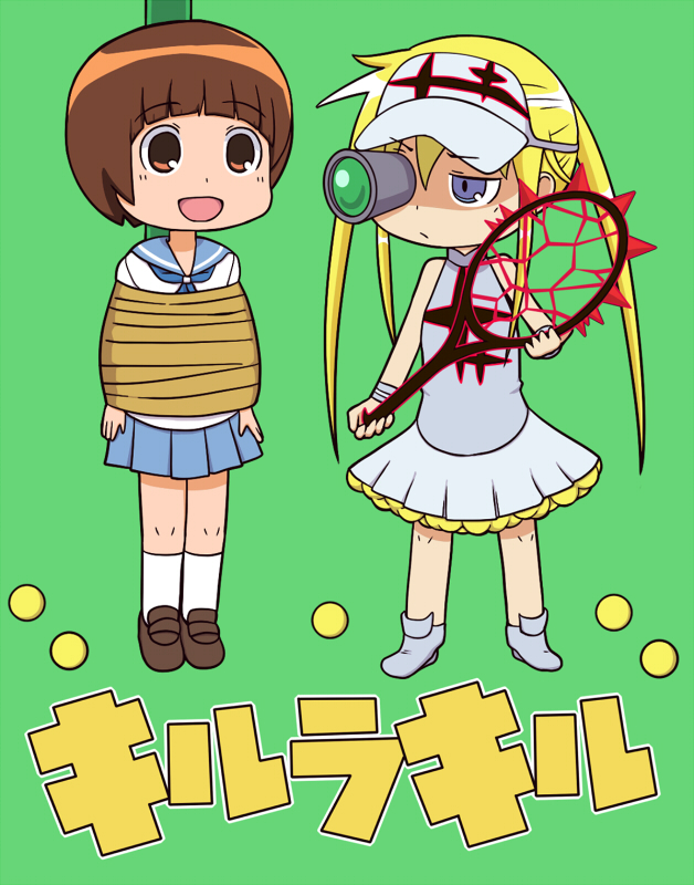 2girls, ball, blue_sailor_collar, bound, bowl_cut, brown_hair, chibi, cosplay, crossover, fuupo, hakodate_omiko, hakodate_omiko_(cosplay), kill_la_kill, kill_me_baby, mankanshoku_mako, multiple_girls, parody, racket, sailor_collar, school_uniform, scope, serafuku, shaded_face, skirt, smile, sonya_(kill_me_baby), tennis_ball, tennis_dress, tennis_racket, tied_up_(nonsexual), twintails, visor_cap