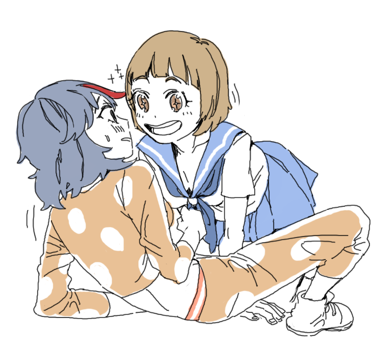 10s, 2girls, all_fours, bent_over, black_hair, blue_eyes, blue_sailor_collar, blue_skirt, blush, bob_cut, breasts, brown_eyes, brown_hair, celandine, cleavage, downblouse, kill_la_kill, mankanshoku_mako, matoi_ryuuko, midriff, multicolored_hair, multiple_girls, open_mouth, orange_shirt, pajamas, panties, rape_face, red_hair, round_teeth, sailor_collar, school_uniform, serafuku, shirt, shoes, short_hair, skirt, small_breasts, smile, sneakers, sparkle, striped_clothes, striped_panties, sweatdrop, symbol-shaped_pupils, teeth, two-tone_hair, underwear, yuri