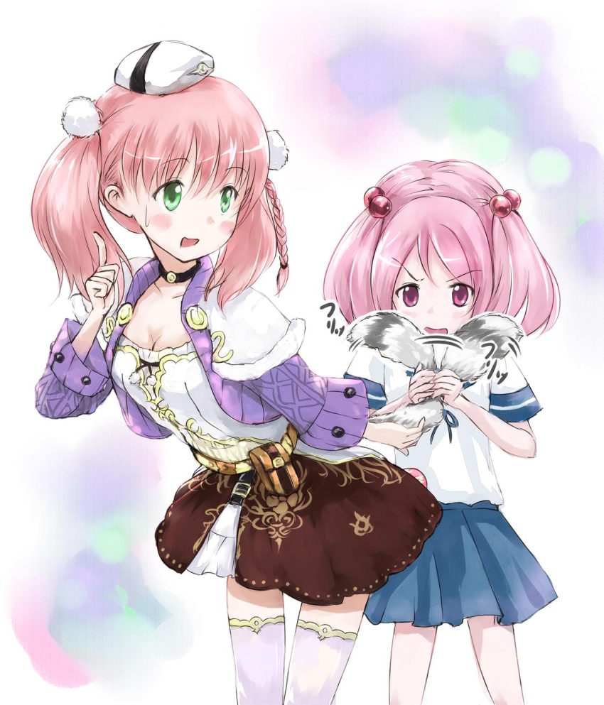 2girls, atelier_(series), atelier_escha_&amp;_logy, breasts, cleavage, crossover, escha_malier, female_focus, gold_trim, green_eyes, hair_bobbles, hair_ornament, highres, jacket, kantai_collection, look-alike, multiple_girls, parody, personification, pink_eyes, pink_hair, pleated_skirt, sazanami_(kancolle), school_uniform, serafuku, skirt, tail, tail_grab, tail_wagging, thighhighs, twintails, yoshi@highland, yoshi_(yoshidasan3240), zettai_ryouiki