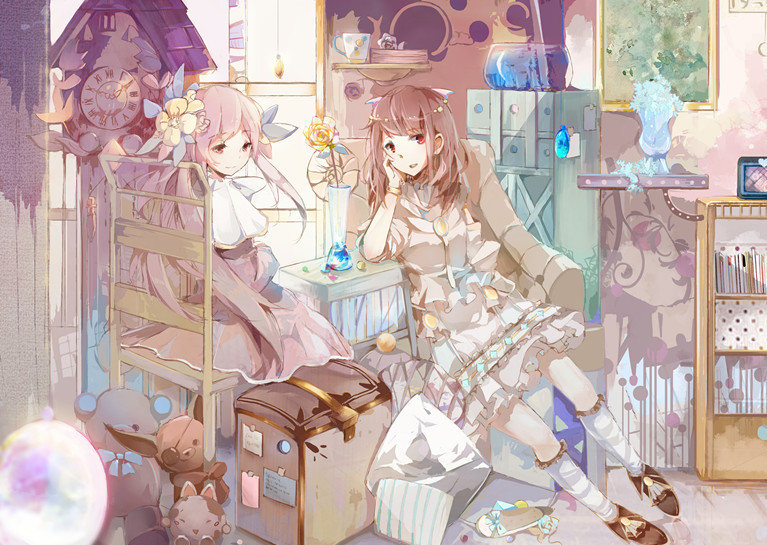 2girls, armchair, bad_id, bad_pixiv_id, book, bookshelf, bracelet, brown_hair