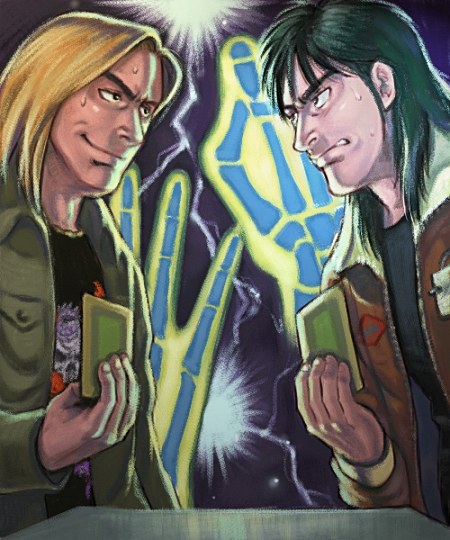 2boys, angry, black_hair, blonde_hair, card, holding, holding_card, itou_kaiji