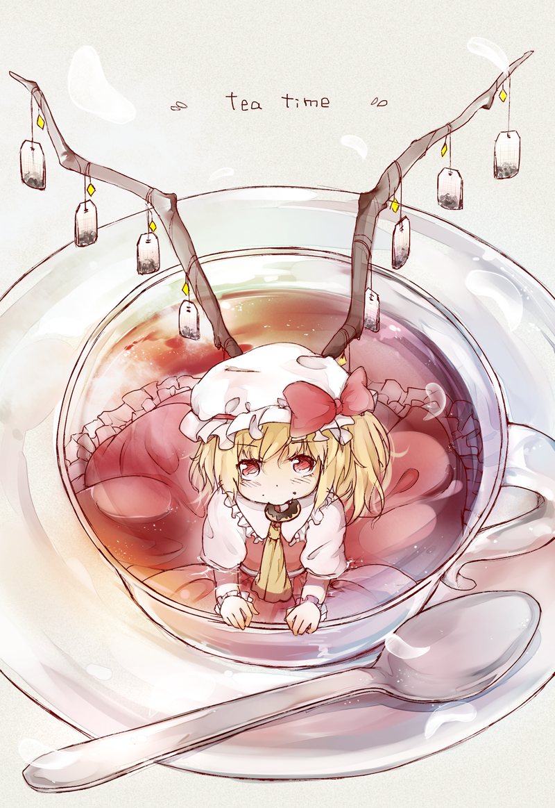 1girl, ascot, blonde_hair, bow, cup, donut, eating, english_text