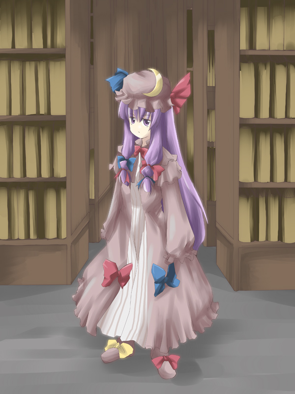 1girl, bad_id, bad_pixiv_id, book, bookshelf, crescent, crescent_hair_ornament, female_focus