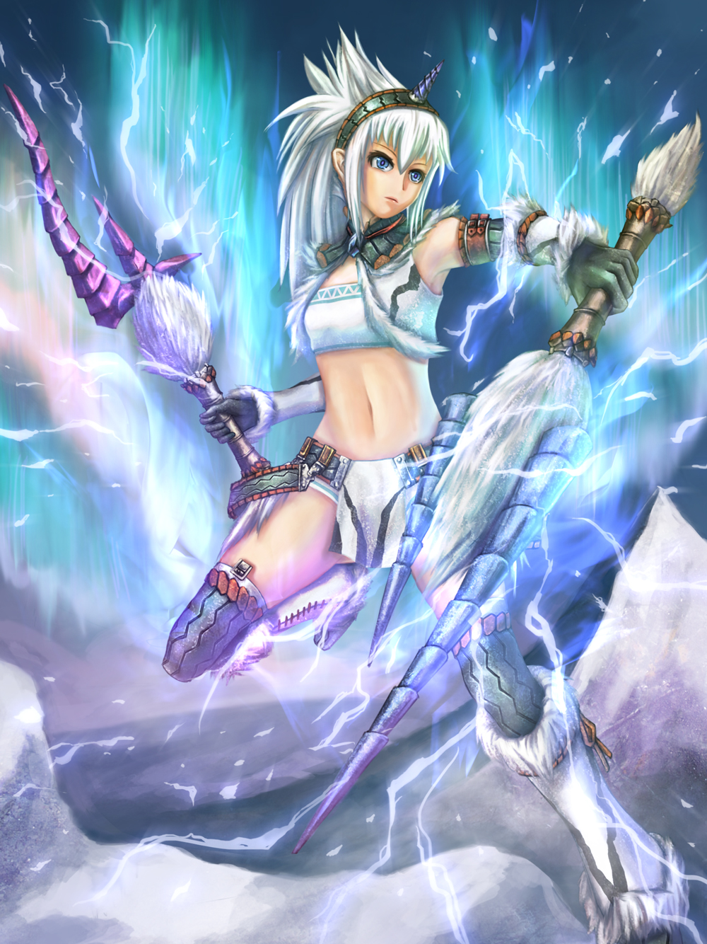 1girl, blue_eyes, capcom, dual_wielding, female_focus, highres, holding, kirin_(armor), midriff, monster_hunter_(series), navel, solo, sword, tagme, weapon, white_hair, yoshinobuta