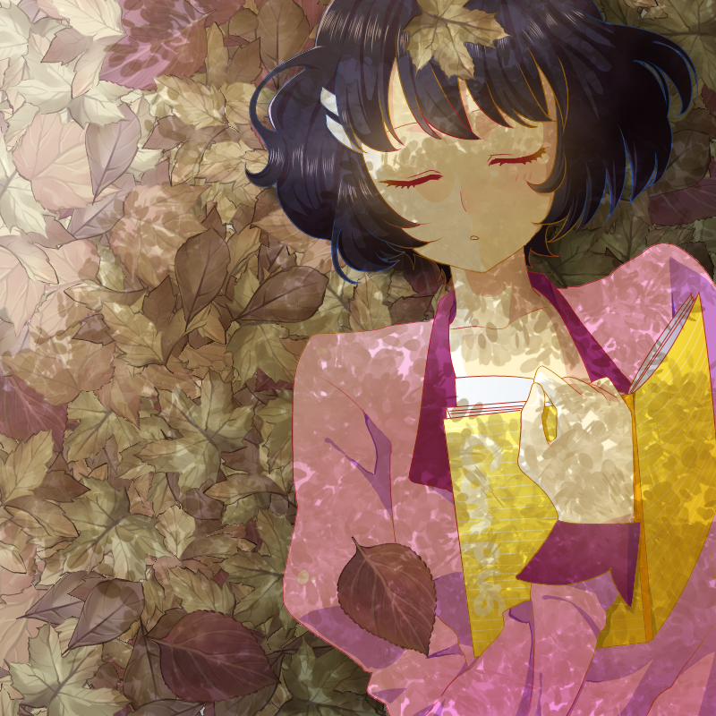 1girl, autumn_leaves, awaji_masaru, black_hair, book, closed_eyes, female_focus, hanekawa_tsubasa