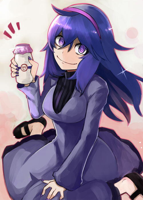 10s, 1girl, @_@, alternate_breast_size_(larger), bottle, dress, female_focus, hairband, hex_maniac's_moomoo_milk_(meme), hex_maniac_(pokemon), hex_maniac_(pokemon_xy), long_hair, looking_at_viewer, looking_up, mary_janes, meme, milk, milk_bottle, moomoo_milk, nail_polish, nerotarou, nintendo, no_socks, npc_trainer, pokemon, pokemon_x_and_y, purple_eyes, purple_hair, purple_nails, shoes, sitting, smile, solo, sweater, wariza