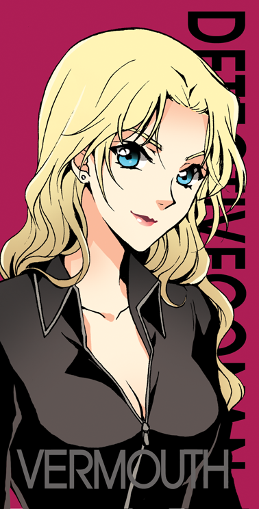 1girl, blonde_hair, blue_eyes, breasts, character_name, cleavage, collarbone, copyright_name, earrings, female_focus, image_sample, jewelry, light_smile, lipstick, long_hair, looking_at_viewer, makeup, mca_(dessert_candy), md5_mismatch, medium_breasts, meitantei_conan, pixiv_sample, simple_background, smile, solo, vermouth, vermouth_(meitantei_conan), wavy_hair, zipper