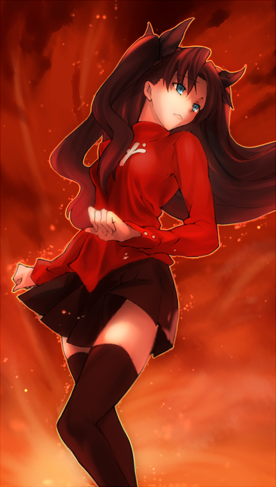 1girl, black_hair, black_thighhighs, blue_eyes, brown_hair, fate/stay_night, fate_(series), female_focus, kbng, legs, long_hair, long_legs, looking_away, skirt, smoke, solo, standing, thighhighs, tohsaka_rin, turtleneck, two_side_up, zettai_ryouiki