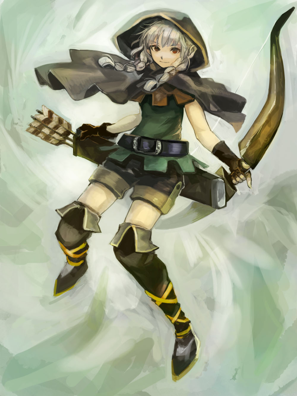 1girl, alternate_color, arrow_(projectile), belt, boots, bow_(weapon), braid, brown_eyes