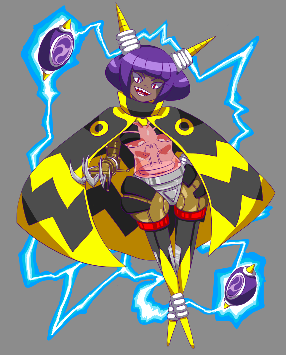 1girl, antennae, bob_cut, cape, dark_skin, dark-skinned_female, dynatron_(mighty_no._9), electricity