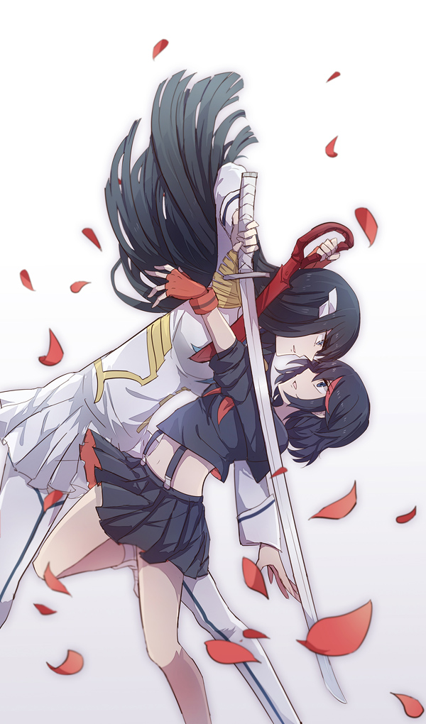 2girls, blue_eyes, gloves, kill_la_kill, kiryuuin_satsuki, matoi_ryuuko, multicolored_hair, multiple_girls, navel, petals, school_uniform, scissor_blade_(kill_la_kill), senketsu, serafuku, short_hair, skirt, suspenders, sword, toruglose, two-tone_hair, weapon, yuri