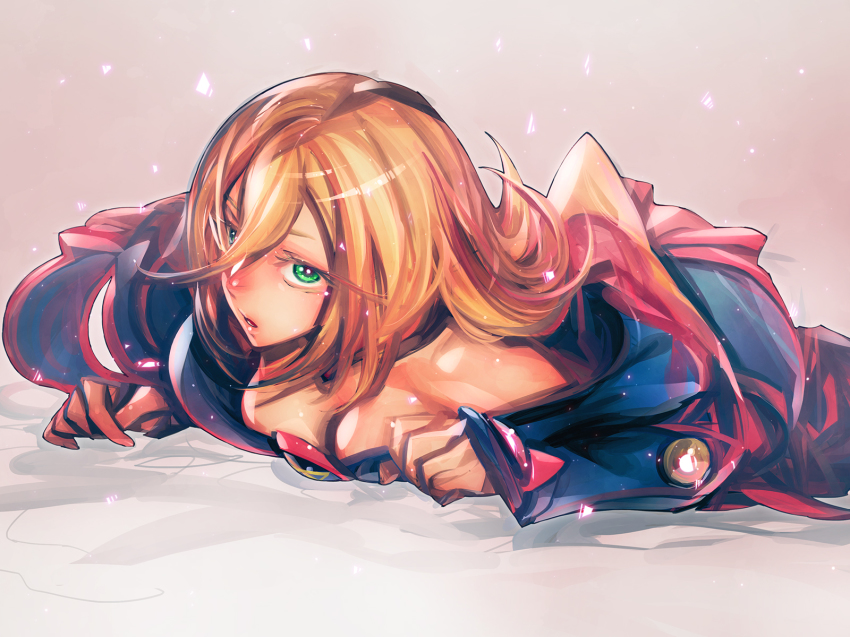 1girl, bare_shoulders, blonde_hair, breasts, cleavage, dark_magician_girl, duel_monster, female_focus, green_eyes, highres, long_hair, lying, nose, on_stomach, parted_lips, solo, unworn_headwear, yu-gi-oh!, yu-gi-oh!_duel_monsters, zubon_no_onara, zubonara