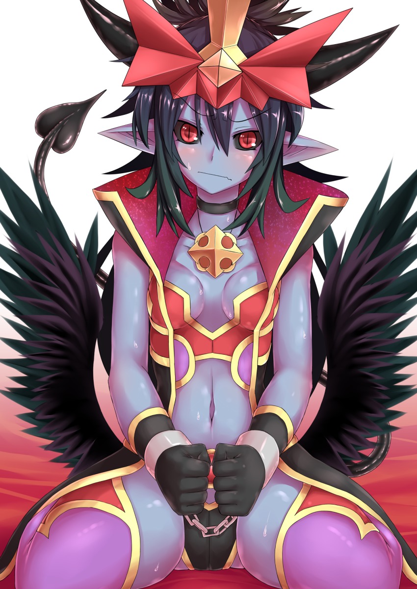1girl, bad_id, bad_pixiv_id, bare_shoulders, black_gloves, black_sclera, black_wings, blue_hair, blue_skin, choker, collarbone, colored_sclera, colored_skin, cuffs, demon_girl, demon_tail, female_focus, frown, gloves, head_tilt, highres, horns, jewelry, long_hair, low_wings, mephisto_pheles_(shinrabanshou), midriff, navel, necklace, pendant, pointy_ears, red_eyes, restrained, shinrabanshou, sitting, solo, sweat, tail, thighhighs, thighs, very_long_hair, wariza, wings, zyugoya