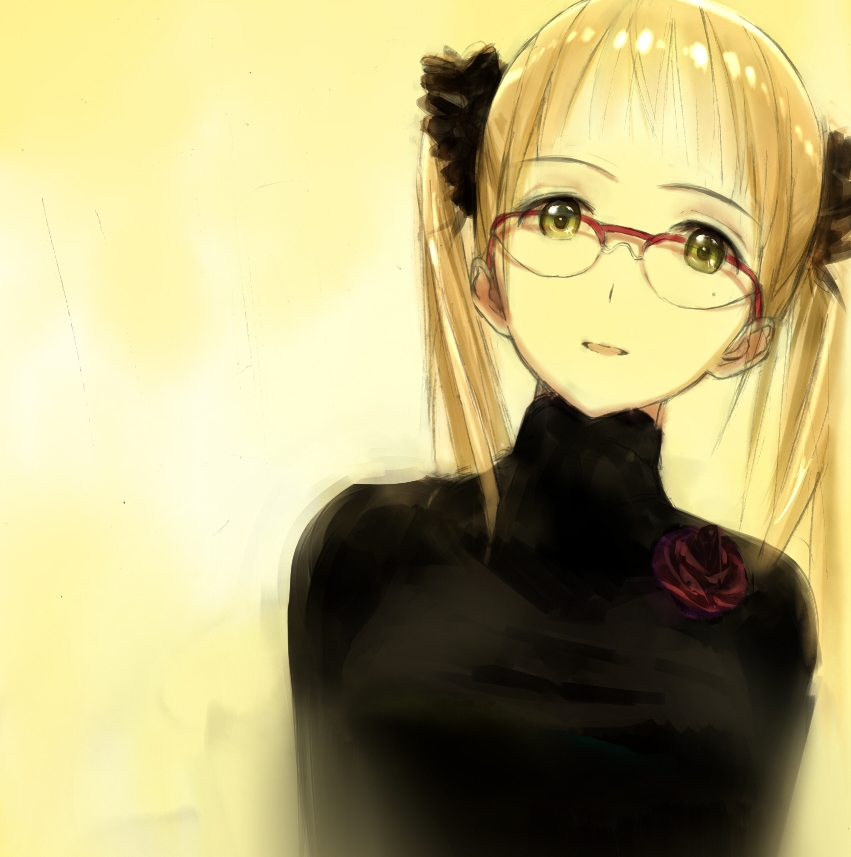 1girl, brown_hair, female_focus, flower, glasses, green_eyes, head_tilt, long_hair