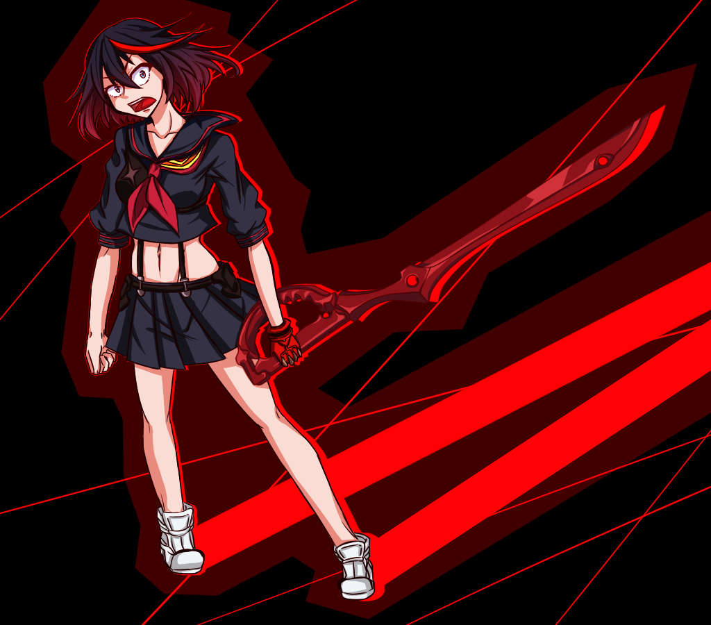 10s, 1girl, badeegg, black_hair, blue_eyes, breasts, full_body, kill_la_kill, living_clothes, matoi_ryuuko, midriff, multicolored_hair, navel, open_mouth, pleated_skirt, red_hair, school_uniform, scissor_blade_(kill_la_kill), senketsu, serafuku, short_hair, skirt, suspenders, sword, two-tone_hair, weapon
