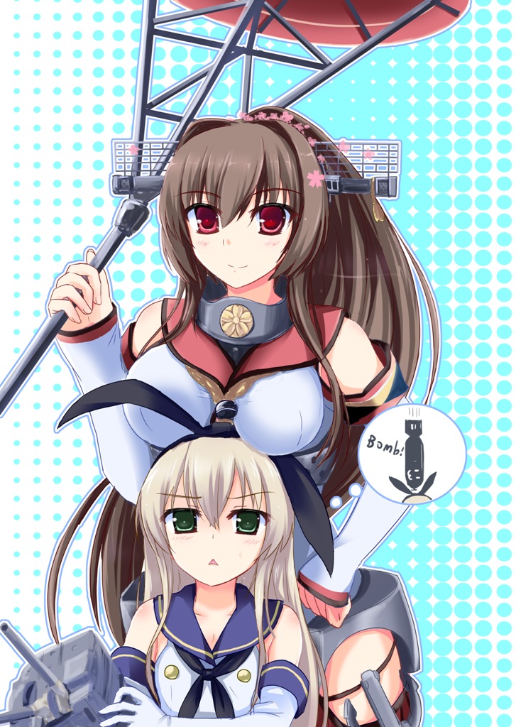 10s, 2girls, anchor, animal_ears, blonde_hair, blush, bomb, breast_envy