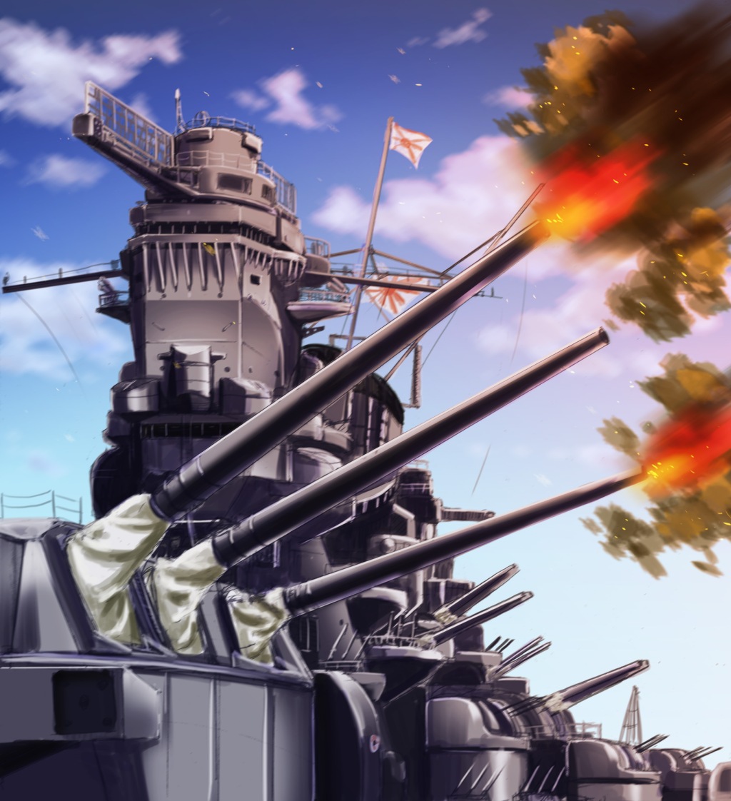 battleship, cannon, cloud, day, firing, imperial_japanese_navy, japanese_flag, kotsuka